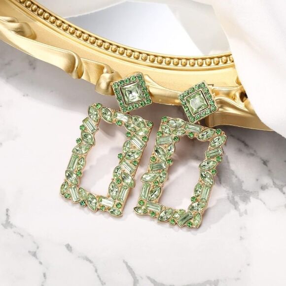 Yellow Gold with Peridot Green Crystal Geometric Open Rectangle Post Earrings - Picture 2 of 5